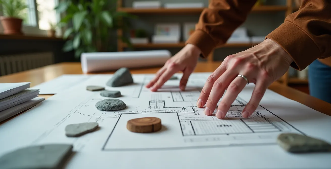 Architecte paysagiste consultant des plans avec échantillons de matériaux sur table de travail