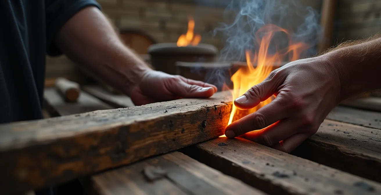 Façade combinant bardage bois brûlé Shou Sugi Ban et pierre bleue belge vieillie