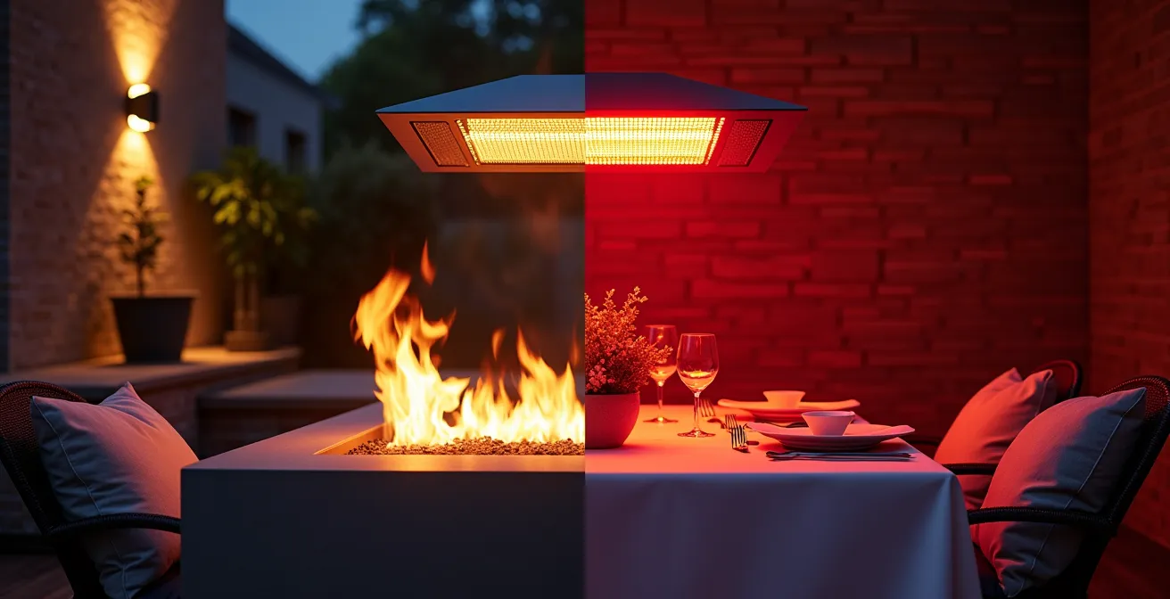 Comparaison visuelle entre un brasero moderne et un chauffage infrarouge sur une terrasse belge
