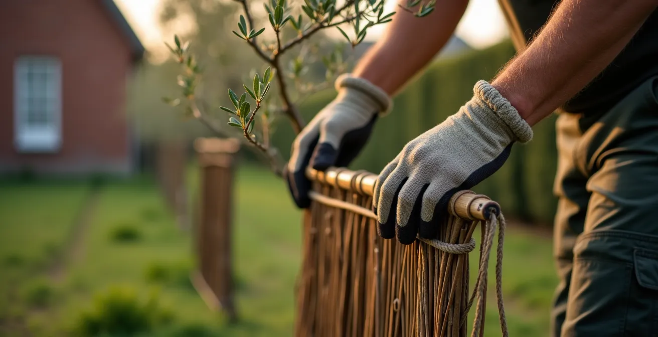 Haie brise-vent de charmes protégeant un olivier dans un jardin belge typique