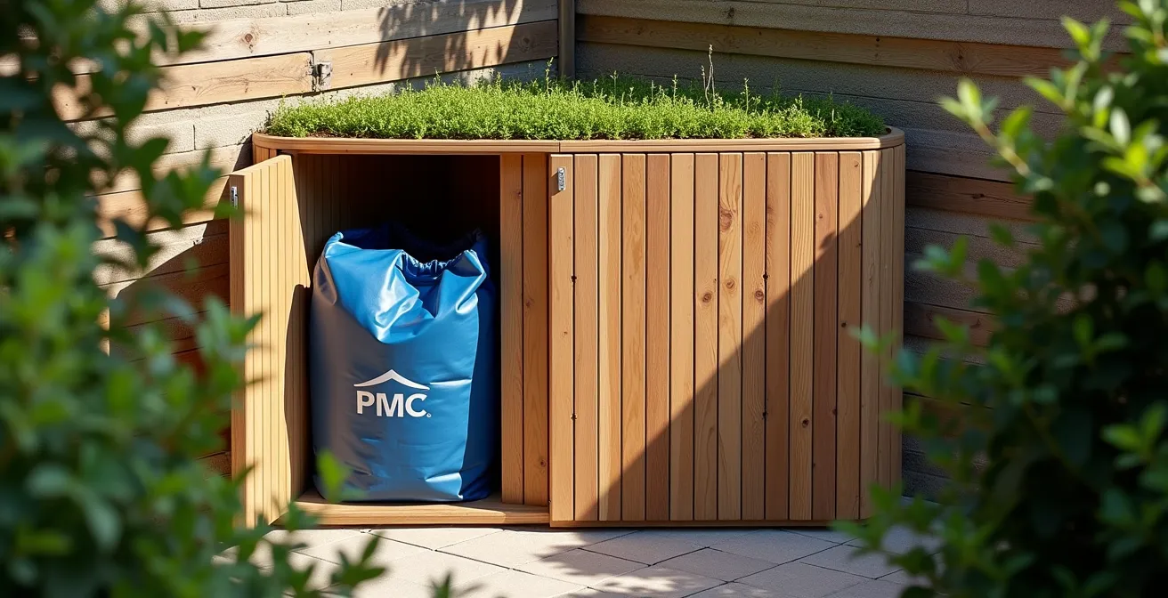Cache-poubelles en bois avec toit végétalisé intégrant rangements latéraux dans un coin de jardin urbain belge