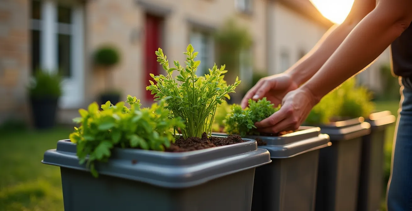 Cache-poubelles moderne avec jardinière d'herbes aromatiques sur le dessus dans jardin urbain