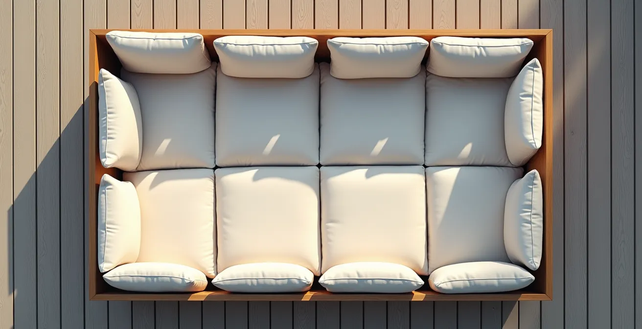 Vue de dessus d'un coffre de jardin ouvert avec coussins empilés méthodiquement