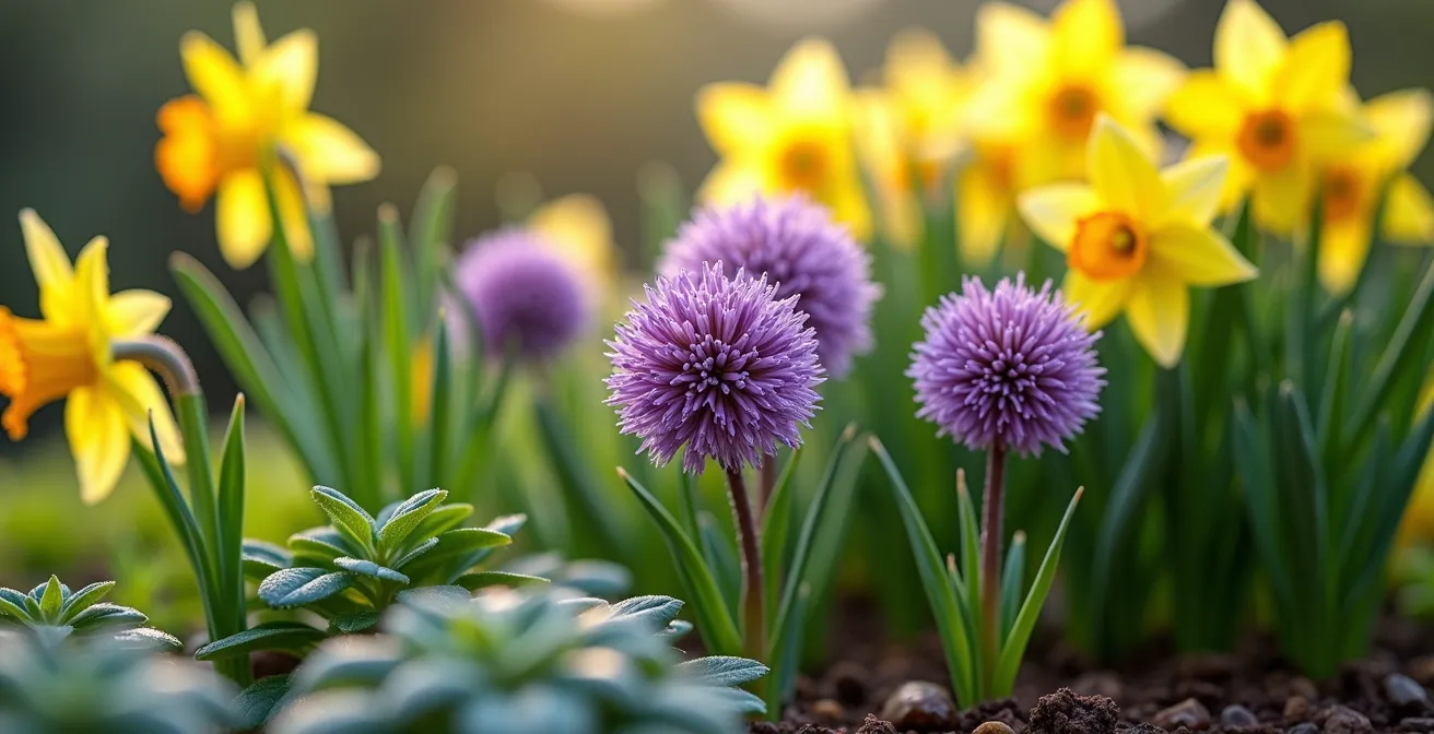Vue détaillée d'un massif montrant l'échelonnement des floraisons avec bulbes printaniers, vivaces estivales et graminées automnales