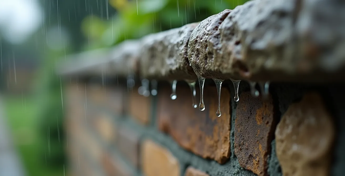 Détail technique d'un chaperon de mur avec larmier empêchant l'infiltration d'eau
