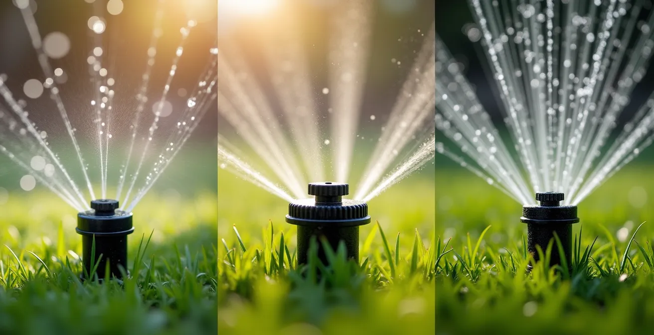 Comparaison visuelle de trois types d'arroseurs en action dans un jardin belge