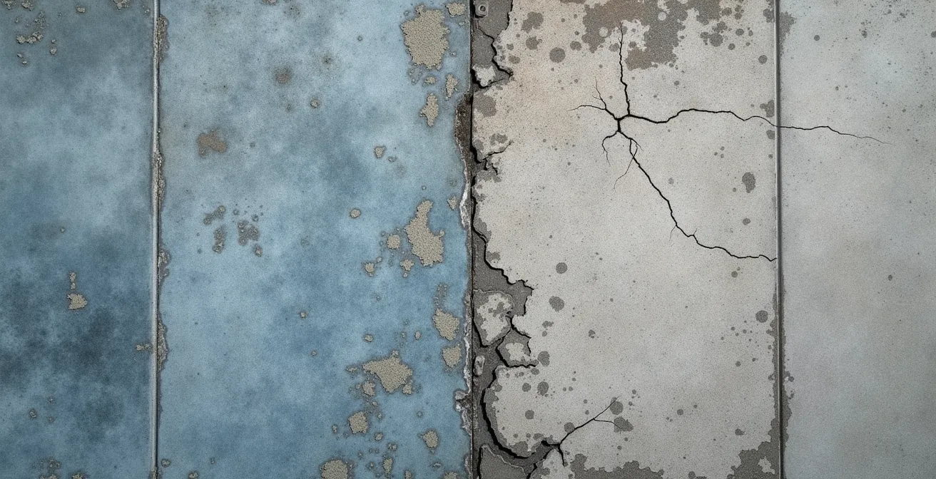 Comparaison visuelle du vieillissement entre pierre bleue patinée et béton dégradé