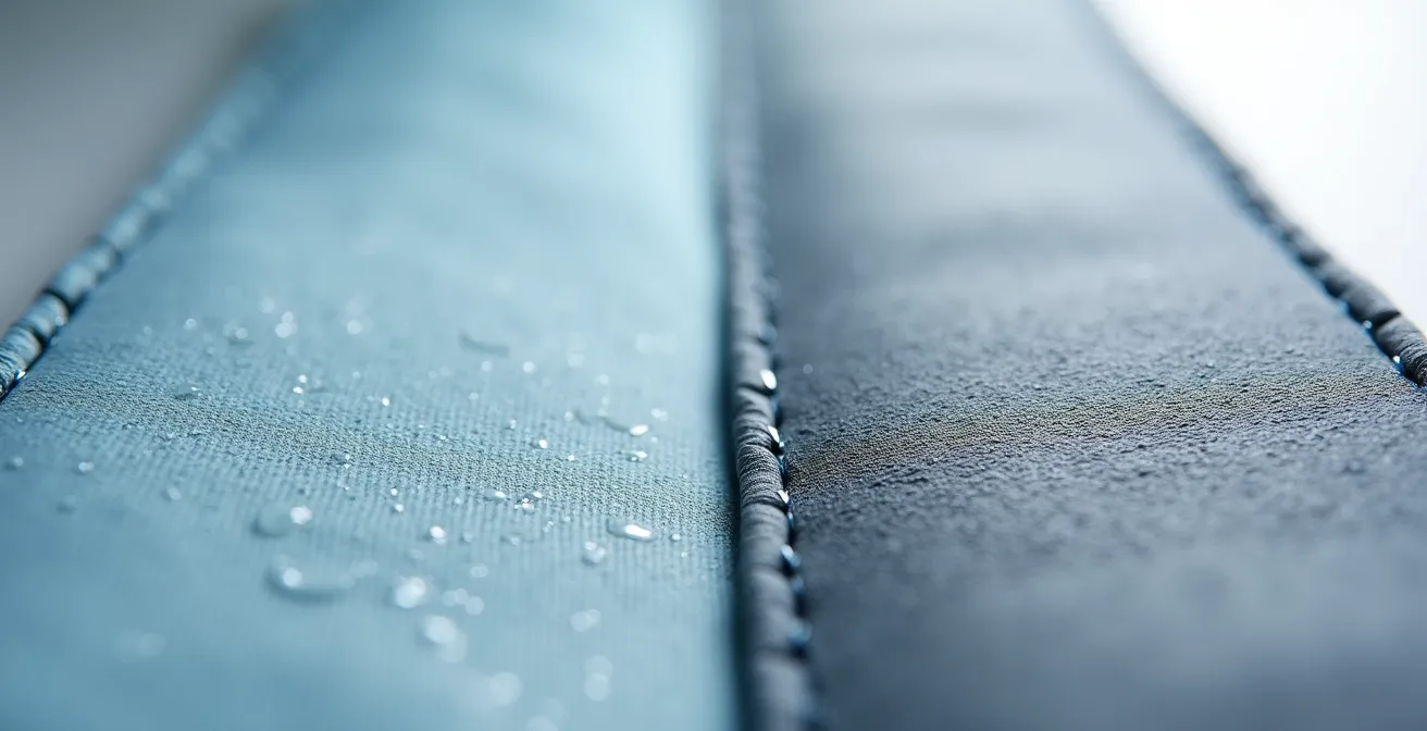 Comparaison microscopique de tissus acrylique teint masse et simili-cuir exposés à l'humidité