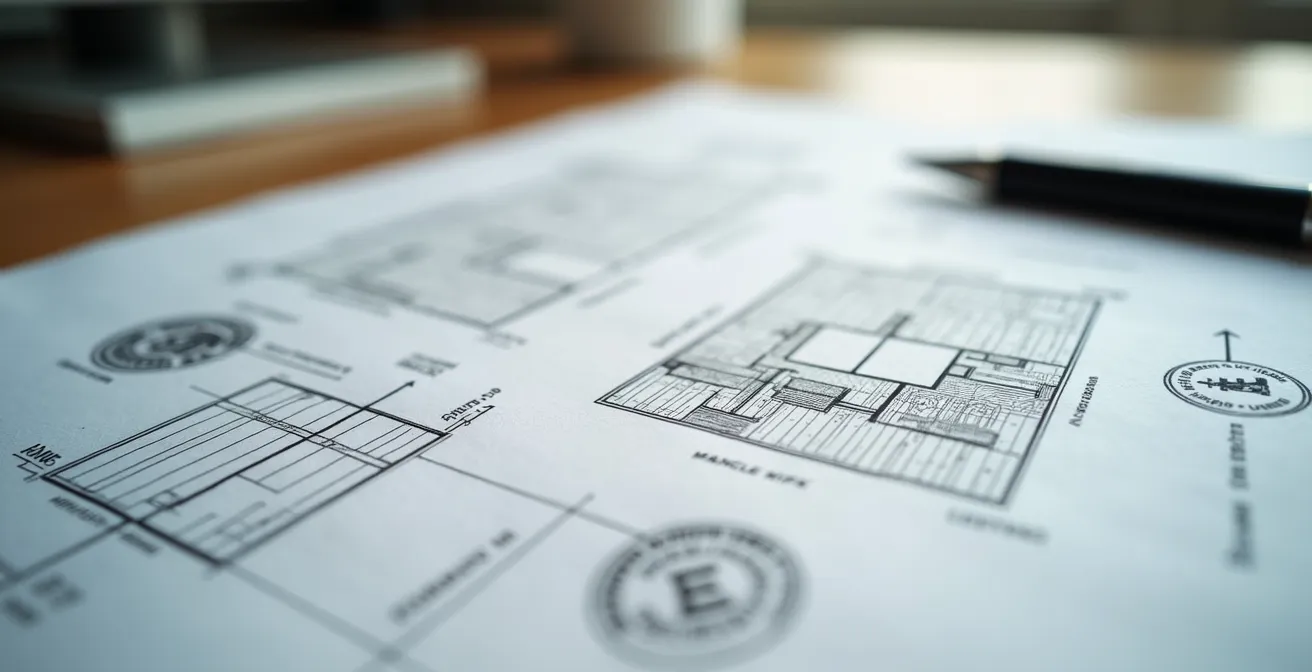 Bureau avec documents d'urbanisme et plans de clôture sur table en bois