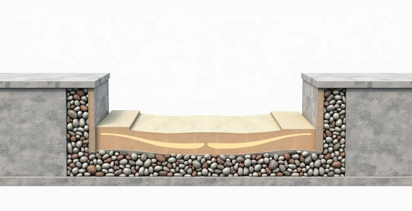 Coupe transversale d'un mur gabion double épaisseur avec espace central pour isolation acoustique optimale