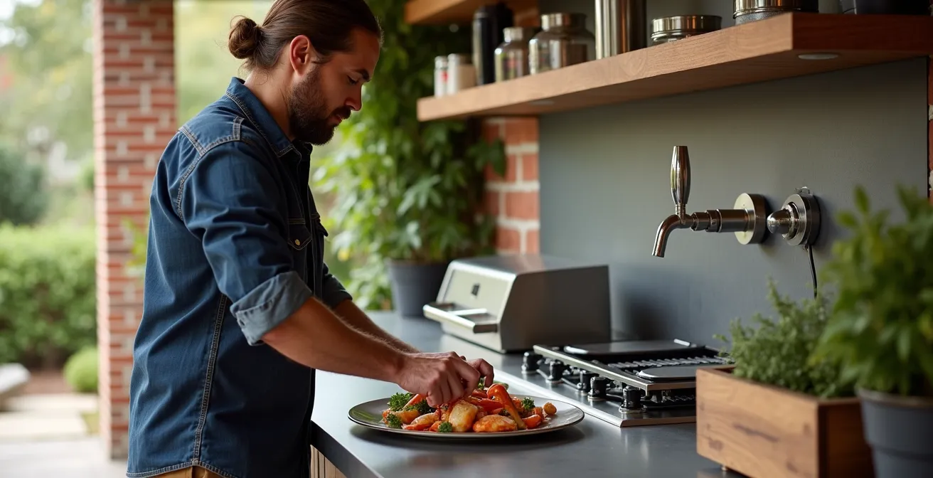 Cuisine d'été belge avec équipements résistants aux intempéries et système de protection hivernale
