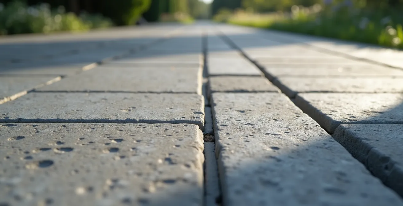 Gros plan sur les joints parfaits entre dalles de pierre bleue avec système de drainage invisible