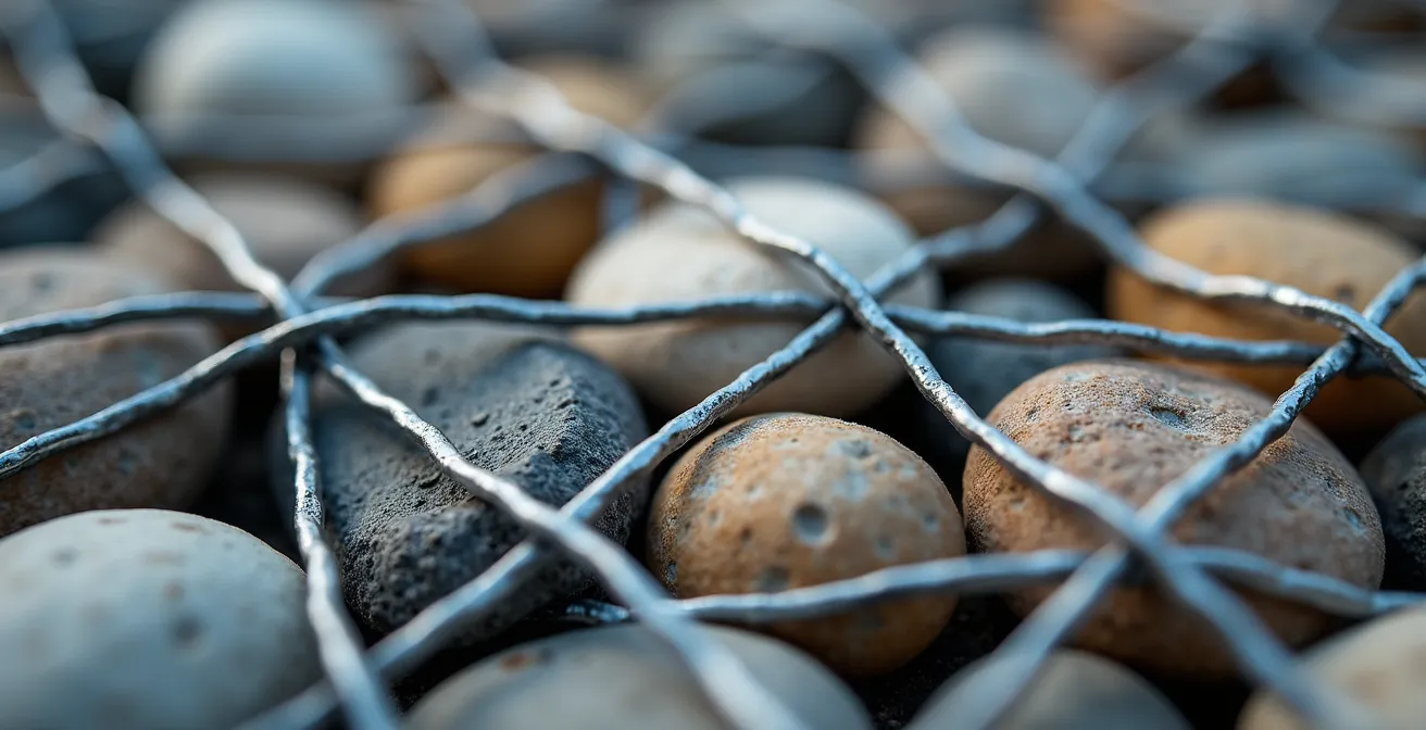 Détail rapproché de la maille galvanisée d'un gabion avec pierres de différentes tailles