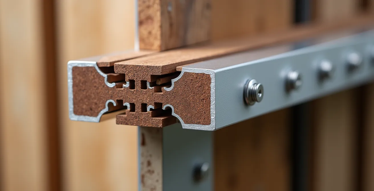 Vue macro d'un système de fixation de clôture composite montrant l'espace de dilatation entre les lames