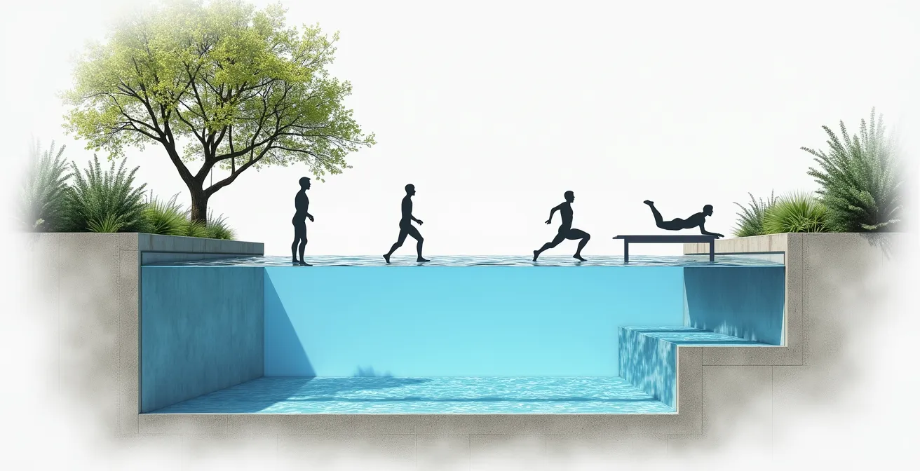 Vue en coupe d'un couloir de nage montrant la profondeur variable et les zones de pratique