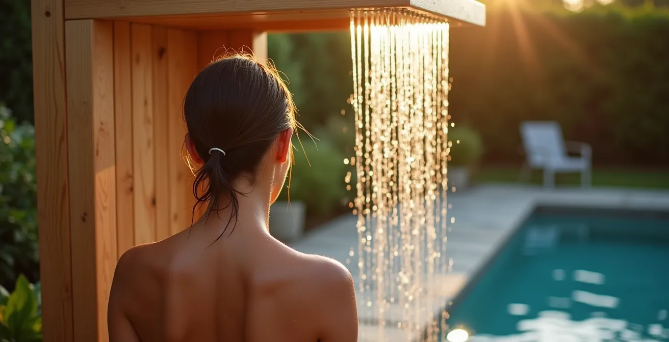 Personne se rinçant sous une douche solaire en bois avant d'entrer dans une piscine naturelle