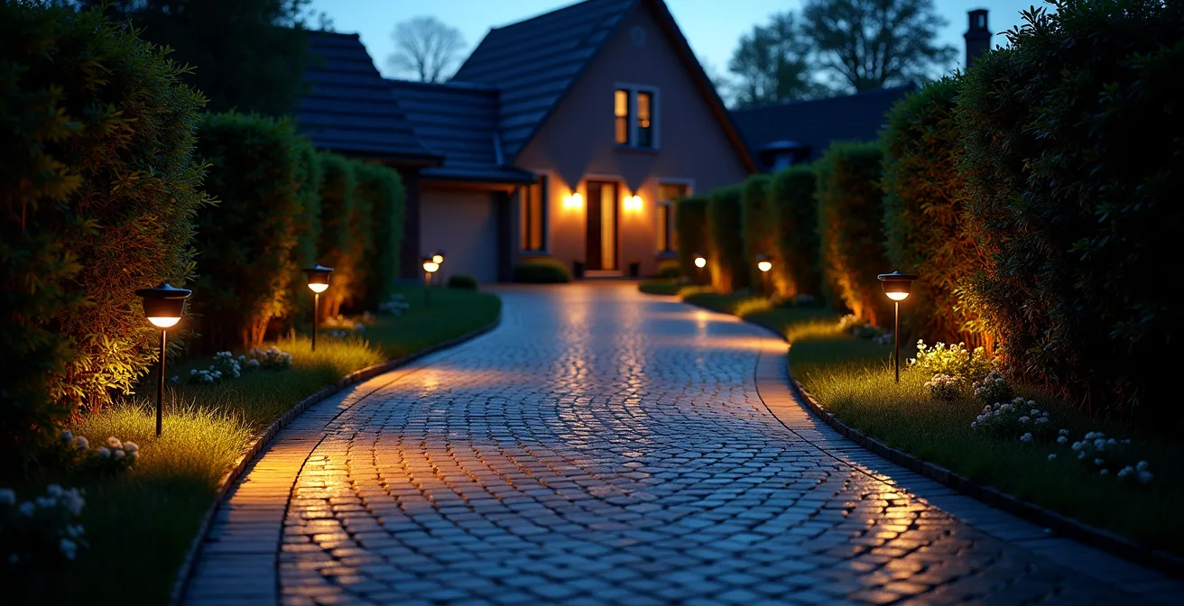 Allée de garage éclairée la nuit avec spots encastrés créant un guidage lumineux doux