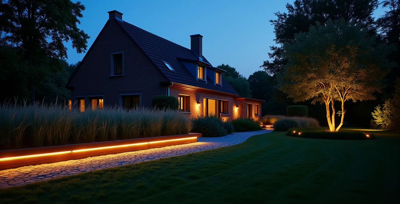 Jardin belge au crépuscule avec éclairage subtil délimitant les zones sans barrières