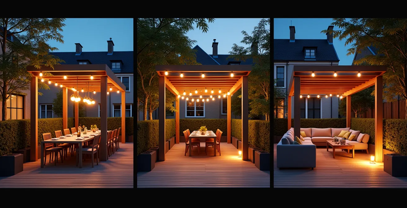 Système d'éclairage connecté sur terrasse belge avec différentes ambiances lumineuses