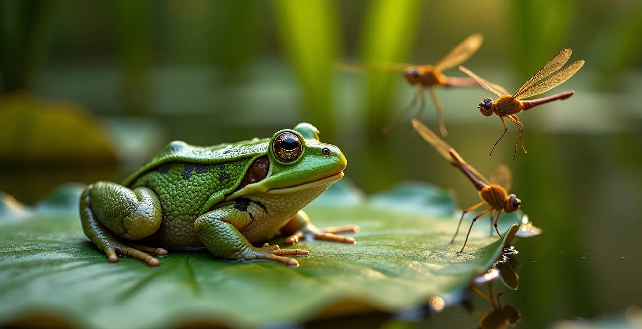 Écosystème aquatique belge avec triton crêté, grenouille rousse et libellules autour d'un étang naturel