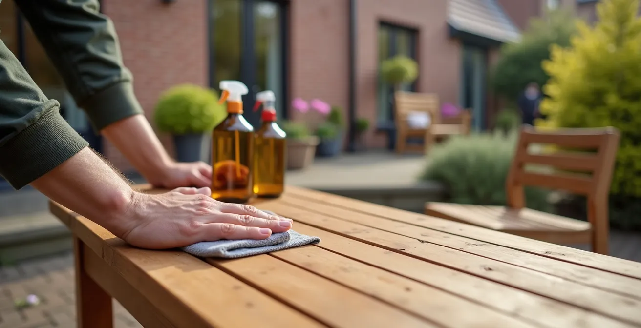 Personne nettoyant un salon de jardin en teck sur une terrasse au printemps
