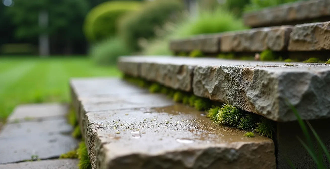 Escalier de jardin en pierre naturelle avec palier de repos intégré dans une pente