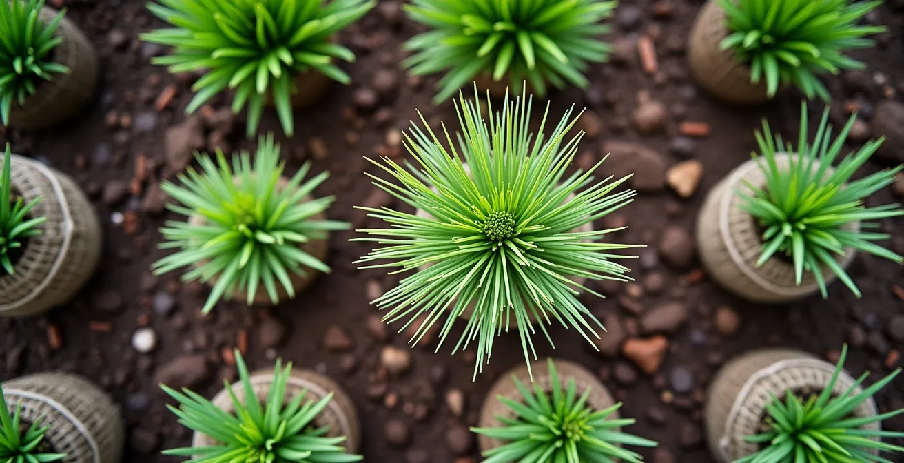 Vue en plongée d'une jeune haie avec espacement large comblé par des vivaces hautes et graminées ornementales