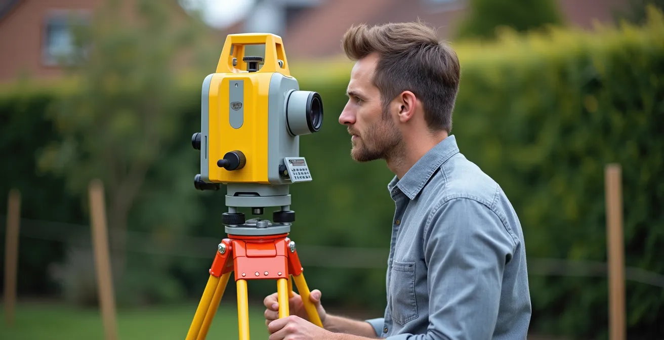 Géomètre-expert utilisant un théodolite pour mesurer les limites d'une propriété dans un jardin belge