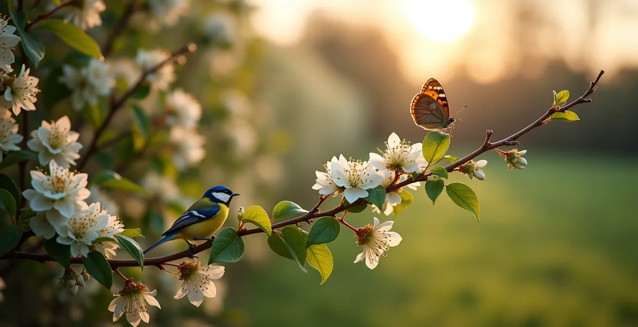 Haie champêtre mixte montrant la diversité des feuillages et textures avec oiseaux et papillons