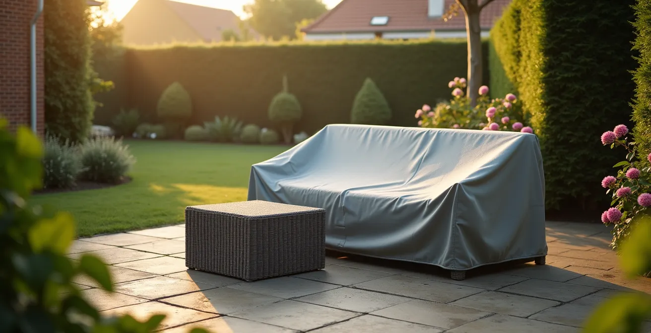 Housse de protection respirante avec évents sur salon de jardin dans jardin belge