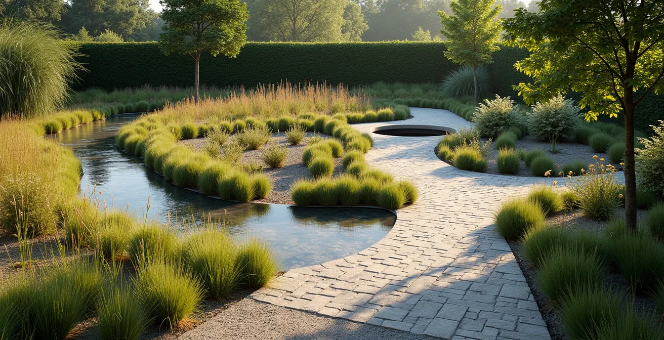 Vue d'ensemble d'un jardin belge avec infrastructures durables intégrées