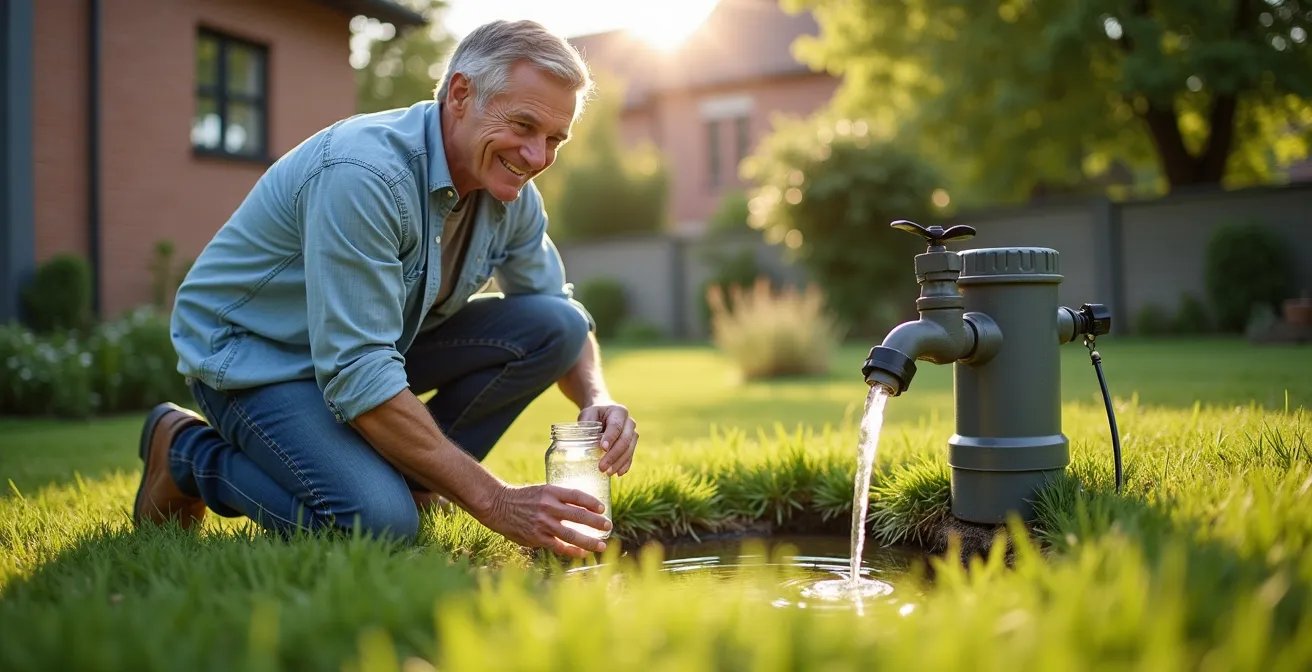 Vue en coupe d'une installation de citerne d'eau de pluie enterrée dans un jardin belge