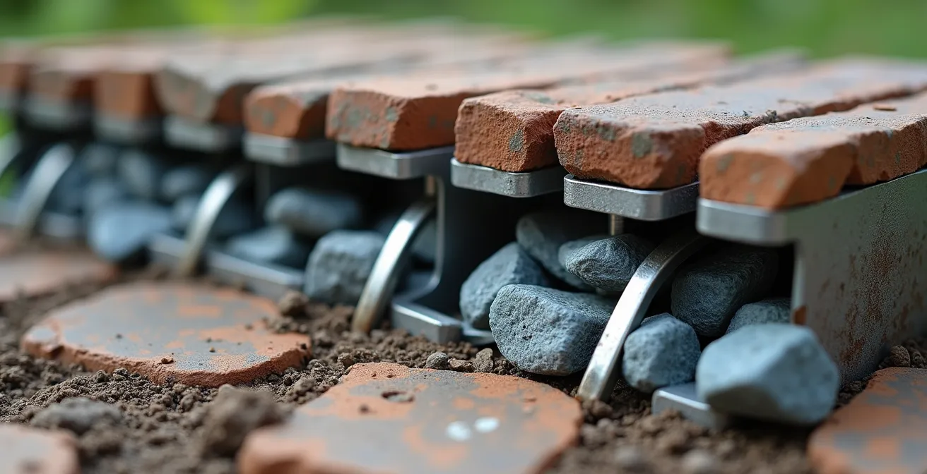 Vue détaillée de la technique d'ancrage pour gabions étroits avec tirants internes et fondation adaptée