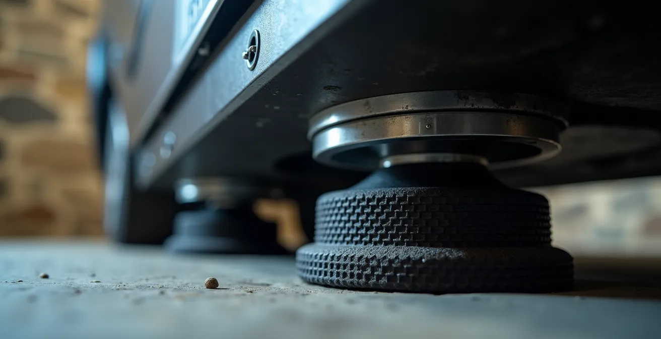 Système d'insonorisation d'une pompe hydrophore avec plots anti-vibratiles et caisson acoustique dans une cave belge