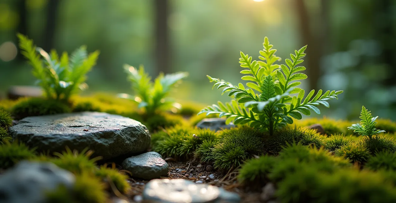 Zone ombragée d'un jardin transformée avec couvre-sols persistants, mousses et fougères créant une ambiance sous-bois