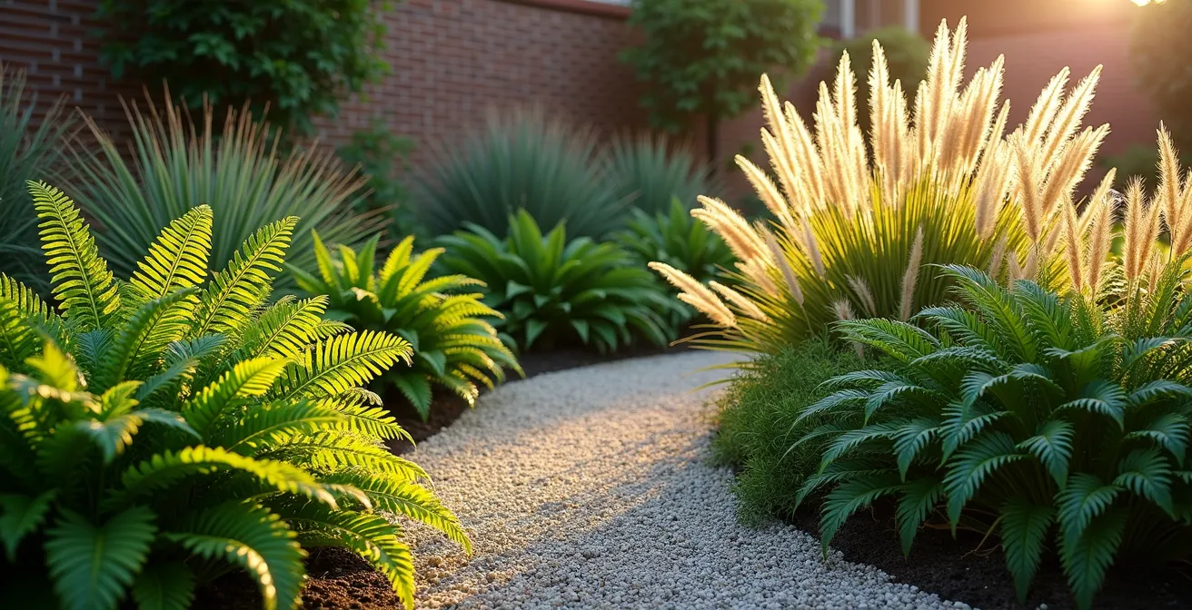 Jardin zen belge avec palette végétale minimaliste de fougères et hostas
