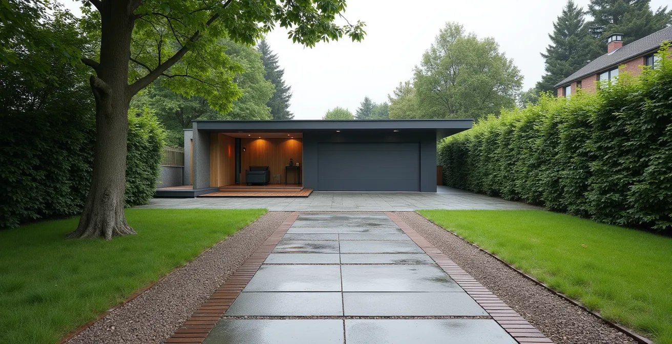 Vue aérienne d'une allée de garage belge montrant différentes zones de largeur pour véhicule et piétons