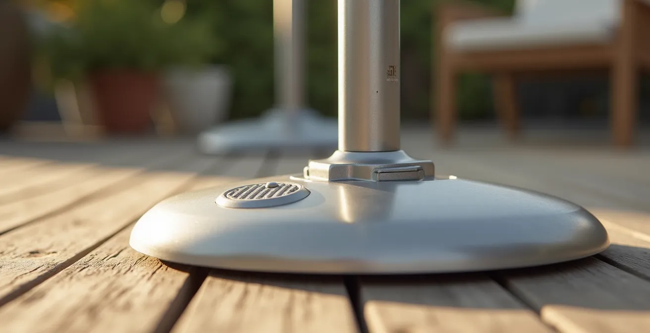 Vue détaillée du mécanisme de rotation à pédale d'un parasol déporté avec manivelle