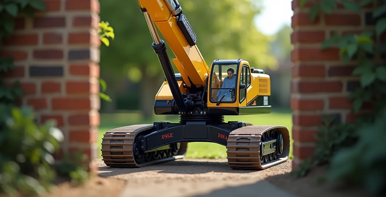 Mini-grue araignée compacte passant par un portail de jardin étroit pour accéder à l'arrière d'une maison