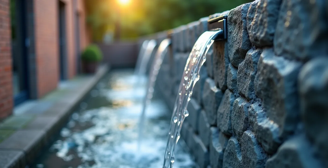 Mur d'eau en pierre bleue du Hainaut dans un jardin belge contemporain