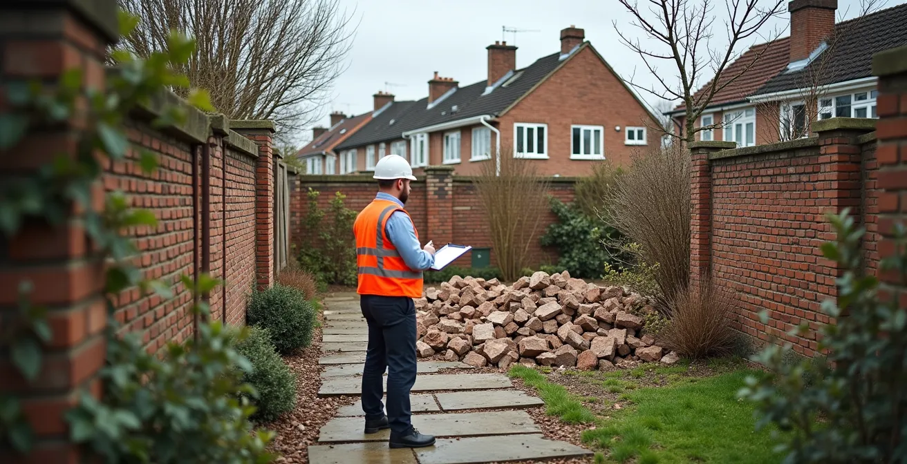 Vue d'un mur mitoyen partiellement effondré entre deux jardins avec un expert en train d'évaluer les dégâts