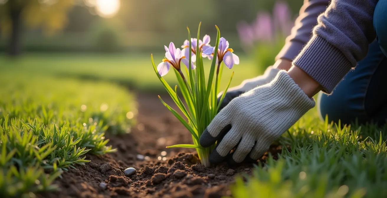 Noue végétalisée sinueuse bordée de plantes indigènes belges en fleurs