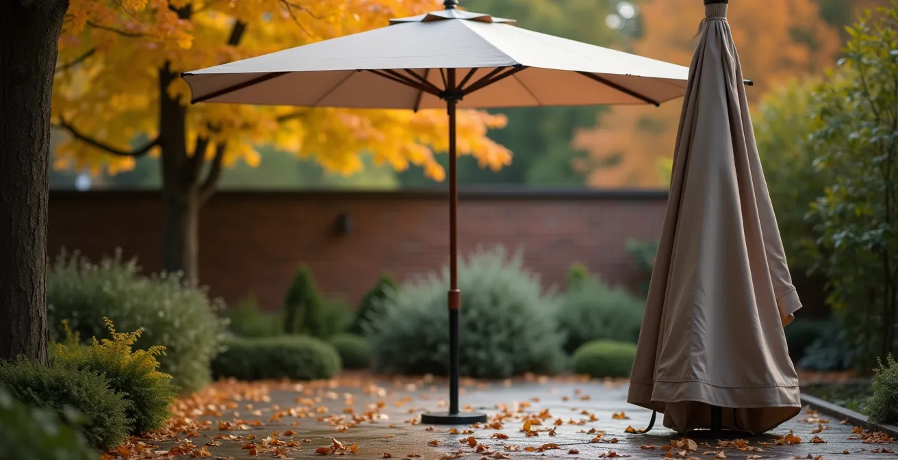 Parasol déporté fermé recouvert d'une housse de protection dans un jardin belge en automne