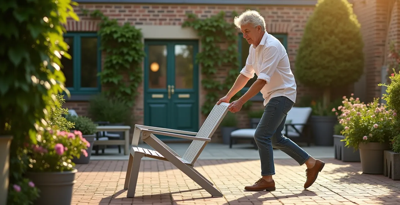 Personne déplaçant facilement un fauteuil en aluminium sur une terrasse pavée belge