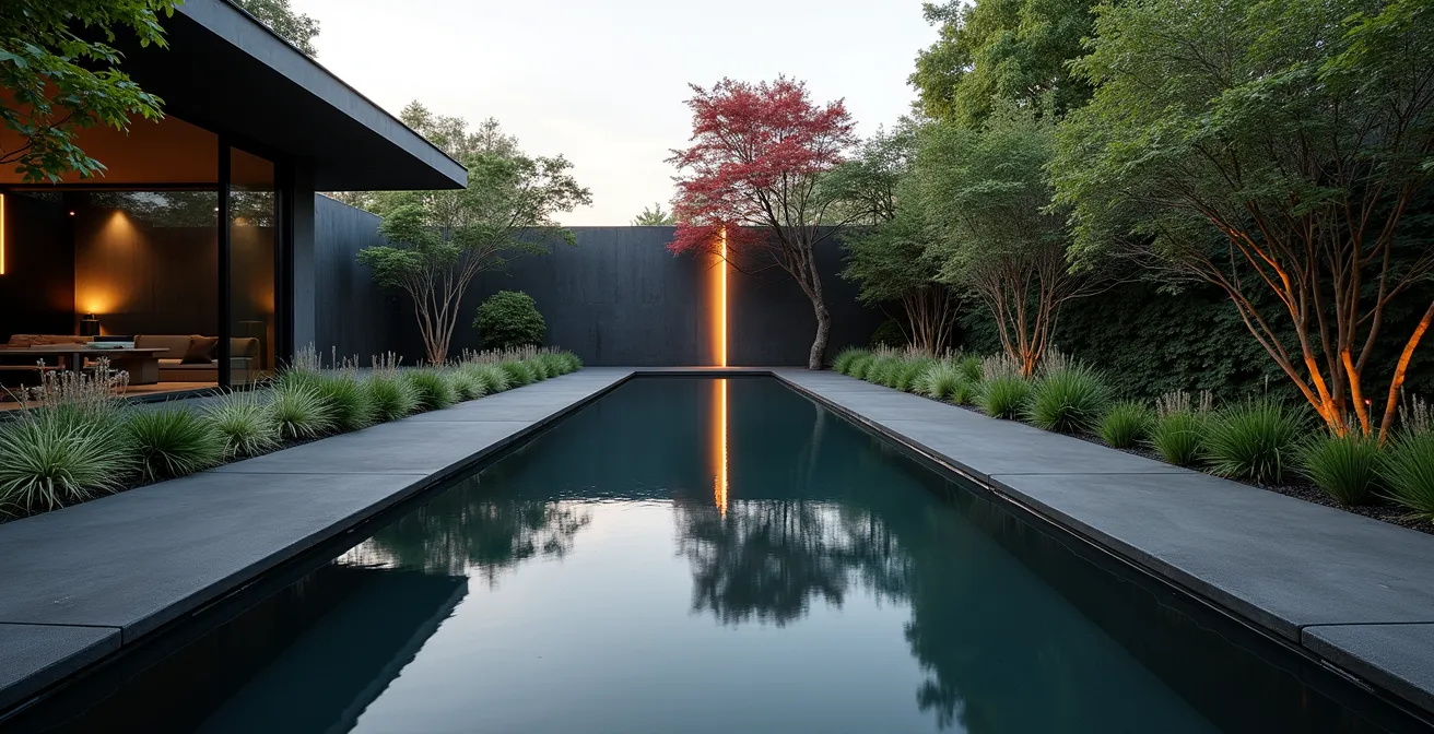 Vue perspective d'un jardin avec couloir de nage utilisant les couleurs froides pour agrandir l'espace