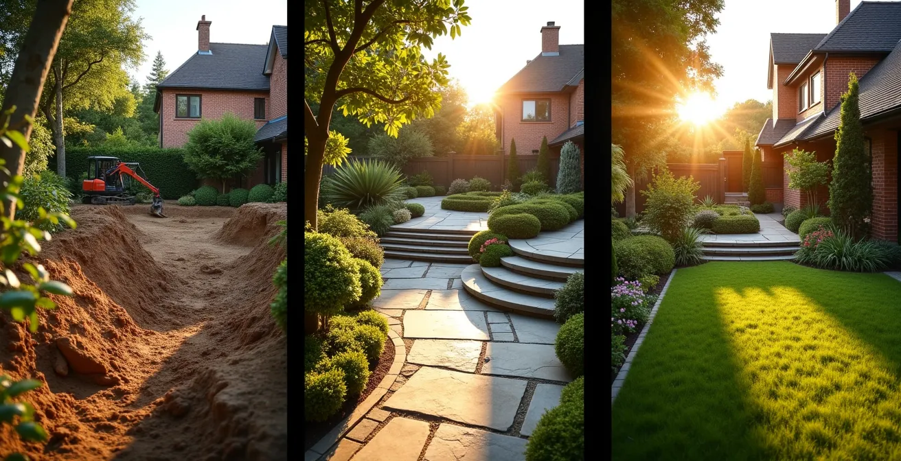 Plan en trois phases d'aménagement d'un jardin montrant l'évolution sur trois années