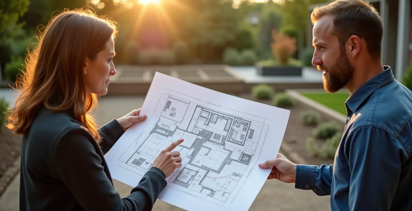 Vue en plongée d'un jardin belge montrant différentes zones à différents stades d'aménagement