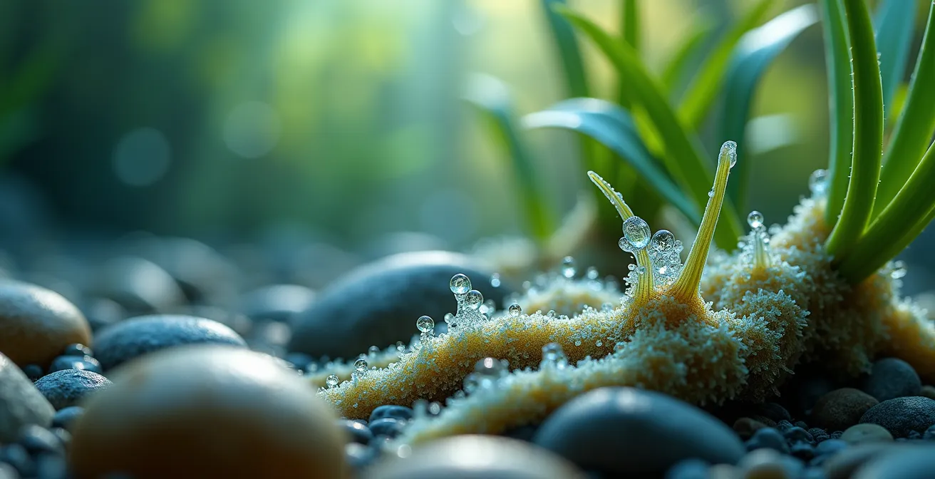 Gros plan macro sur les racines immergées d'iris des marais filtrant l'eau d'une piscine naturelle