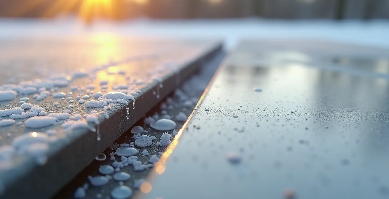 Gros plan comparatif de plateaux HPL et céramique pour table de jardin