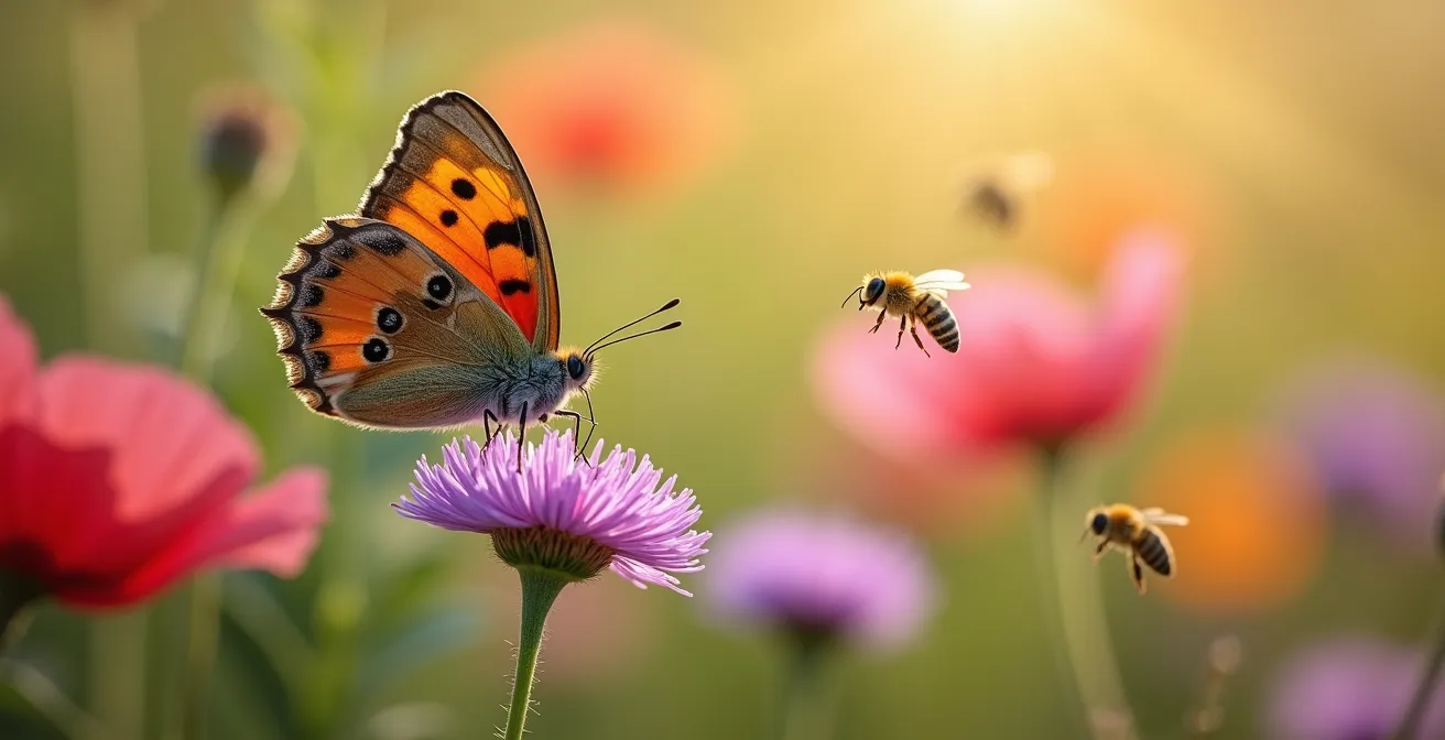 Prairie sauvage belge avec coquelicots et marguerites, papillons et abeilles butinant